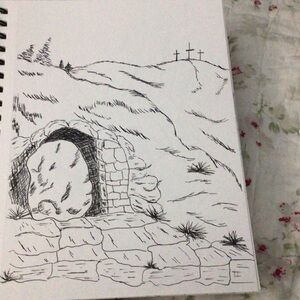 Hand-Drawn Black and White Religious Tomb Illustration